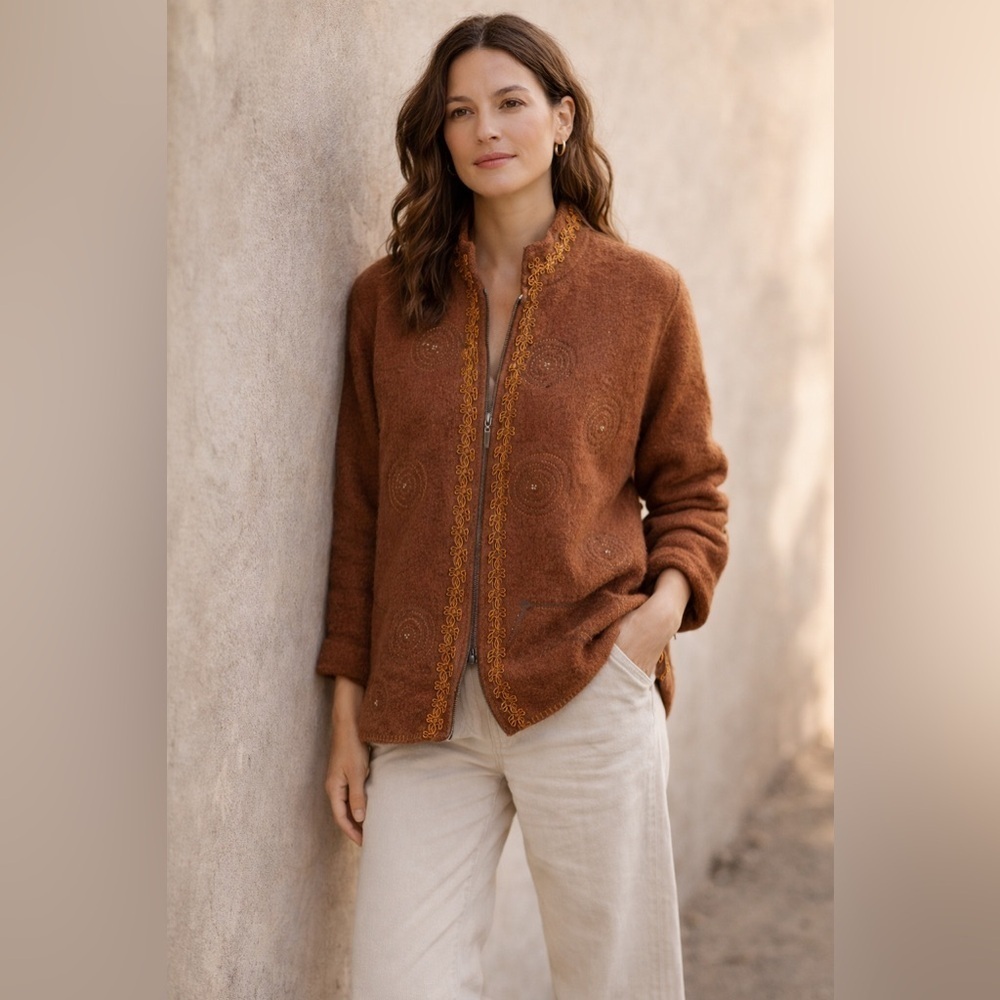 Boho Artisan 100% Wool Zip Jacket Embellished Brown Rust Statement Cardigan | XL - Picture 2 of 13